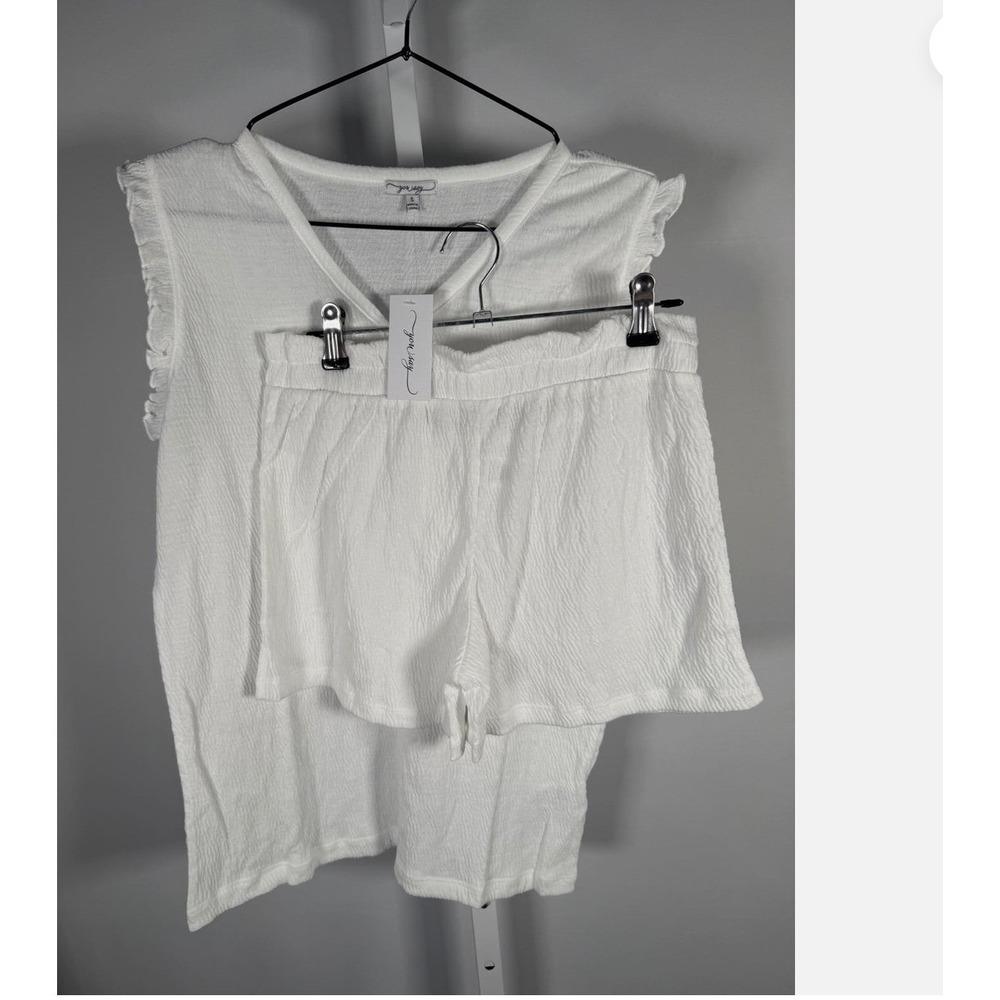 NWT YOU SAY Henley Ruffle Shortie Set PJ's in White‎ Ribbed XS-Angelcore Bridal - Picture 2 of 7